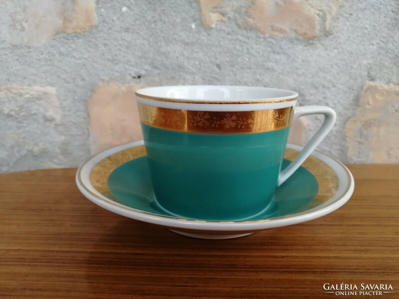 Türkiz /arany Hollóházi mokkás csésze MSZ feliratú kistányérral