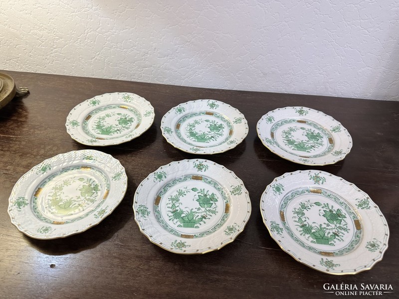 6 személyes Herendi zöld Indiai kosár  mintás süteményes készlet