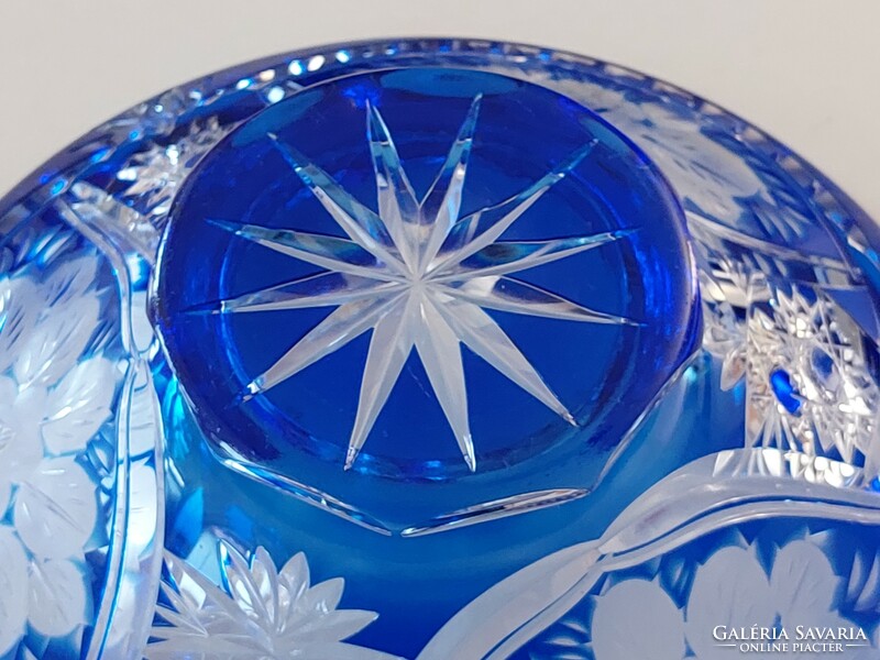 Old lead crystal bowl with blue polished flower pattern crystal fruit tray 21 cm