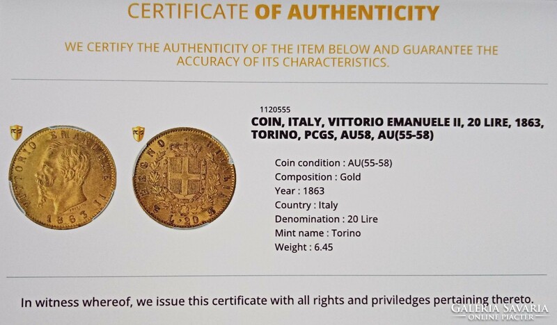 II. Victor Emmanuel gold 20 lira (1863) - Italy - aunc - with certification