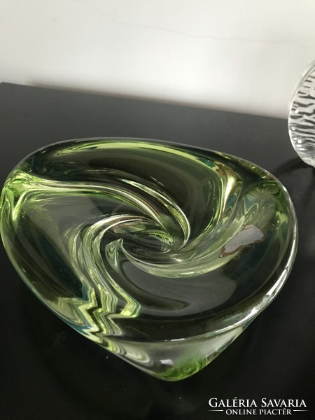Val st Lambert Belgian, marked green crystal glass small bowl, centerpiece or candle holder (20/d)