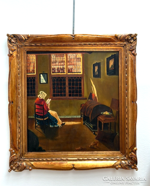 Oil painting on wooden panel in a decorative wooden frame after the Dutch genre painter Pieter de Hooch