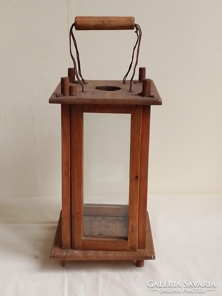 Antique old large wooden lamp, hand candle lantern village barn lamp, carriage lamp, 25 cm