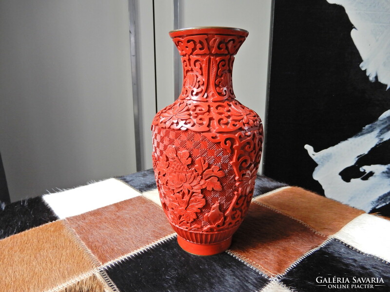 Old oriental carved cinnabar lacquer vase