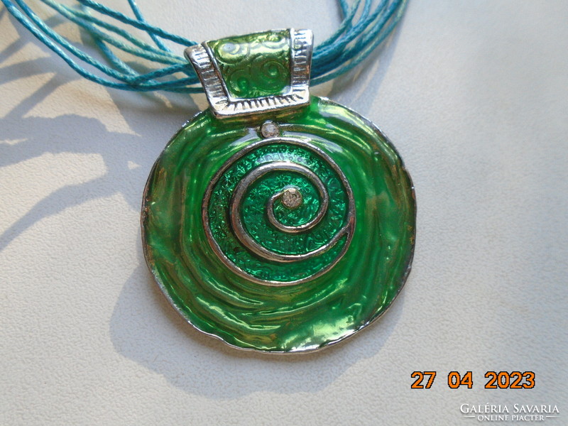 Iridescent green enamel silver-plated pendant with convex spiral, blue multi-line cord