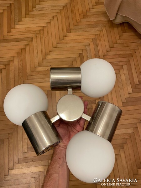 Felújított 3 karos króm & opál csillár lámpa - retro design bauhaus vintage