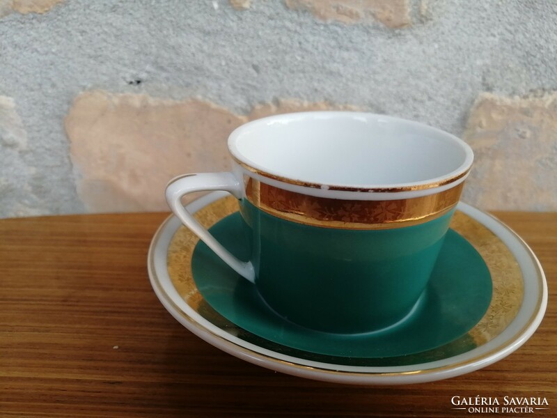 Turquoise/gold Hólloháza mocha cup with small plate with msz inscription