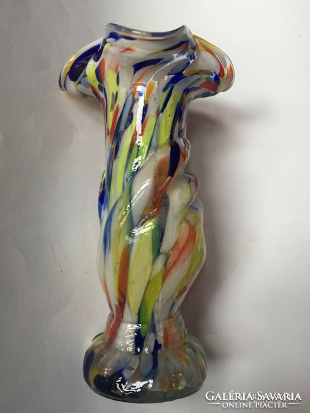 An old, larger-sized, ruffled-edged, colorful Murano hand-shaped artistic glass vase