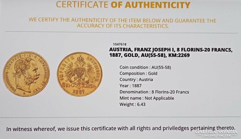 Ferenc József ARANY 8 florin (1887) - Ausztria - aUNC - certifikációval