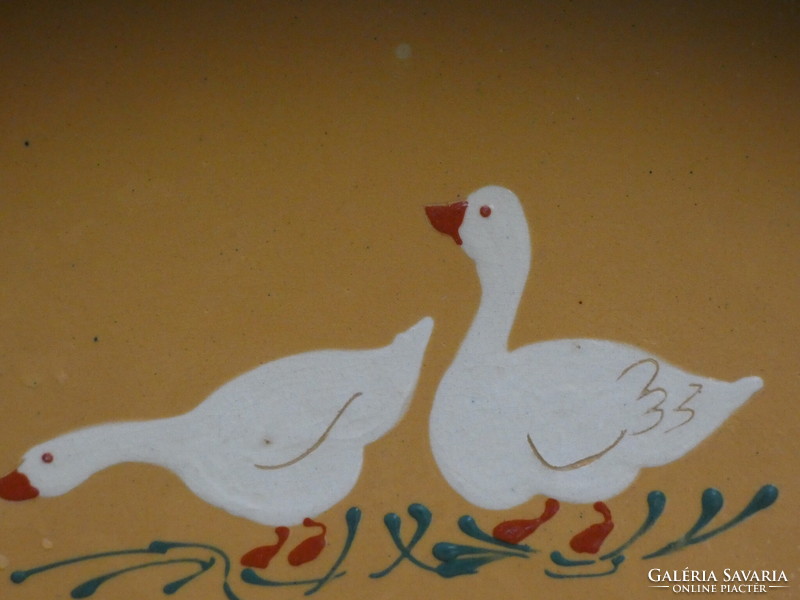 Hand-painted marked folk glazed ceramic baking dish with goose decoration 1950