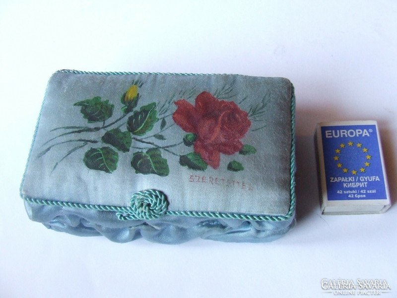 Old, antique flower-decorated silk sewing, handicraft, toiletry or jewelry box with the inscription 