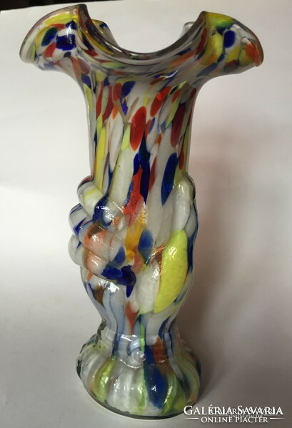 An old, larger-sized, ruffled-edged, colorful Murano hand-shaped artistic glass vase