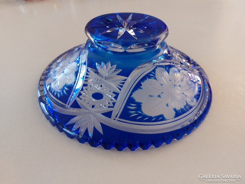 Old lead crystal bowl with blue polished flower pattern crystal fruit tray 21 cm