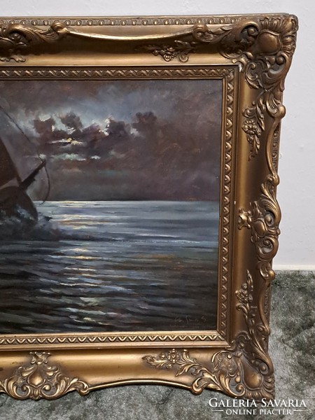 Cz. Szüts Sándor (1887-1942): Scheveningen, Hollandia, -tengerparti hajós festmény hibátlan keretben