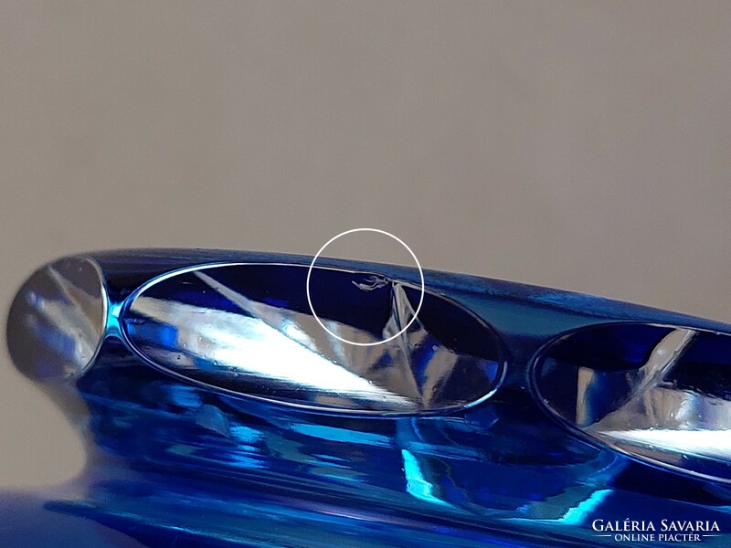 Régi ólomkristály talpas tál kék csiszolt virágmintás kristály gyümölcskínáló 21 cm