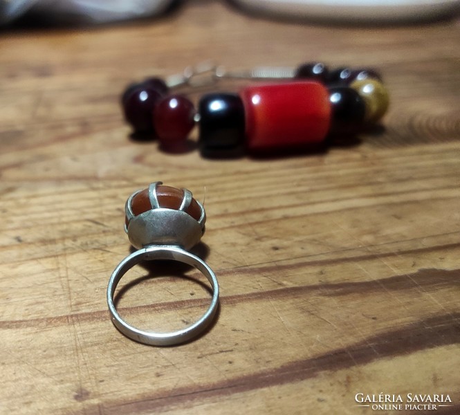 Antique real vinyl bracelet and ring in orange, yellow, cherry colors