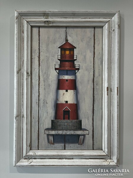 2 lighthouse-themed prints - in a rustic picture frame