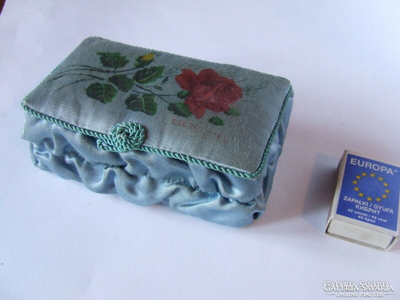 Old, antique flower-decorated silk sewing, handicraft, toiletry or jewelry box with the inscription 