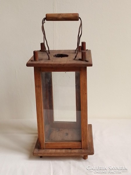 Antique old large wooden lamp, hand candle lantern village barn lamp, carriage lamp, 25 cm