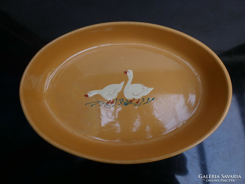 Hand-painted marked folk glazed ceramic baking dish with goose decoration 1950