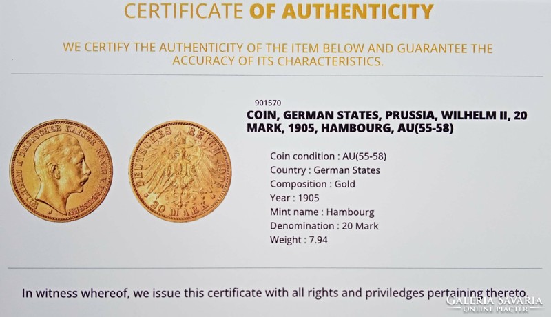 II. Wilhelm gold 20 marks (1905) - Prussia - aunc - with certification