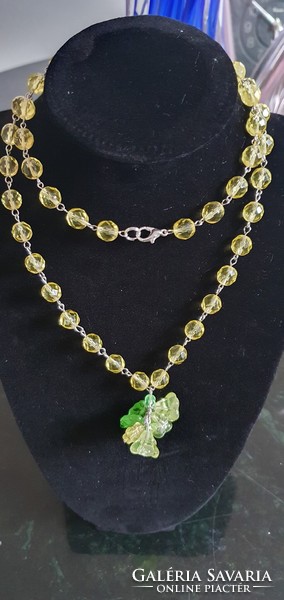 Genuine Czech Annagelb Yellow Uranium Glass Necklace Bellflowers #24056