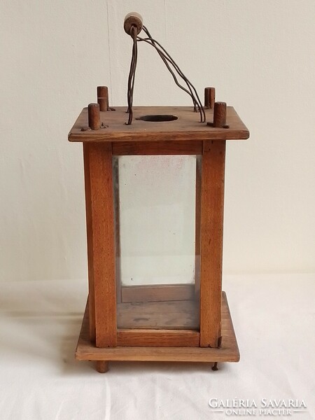 Antique old large wooden lamp, hand candle lantern village barn lamp, carriage lamp, 25 cm