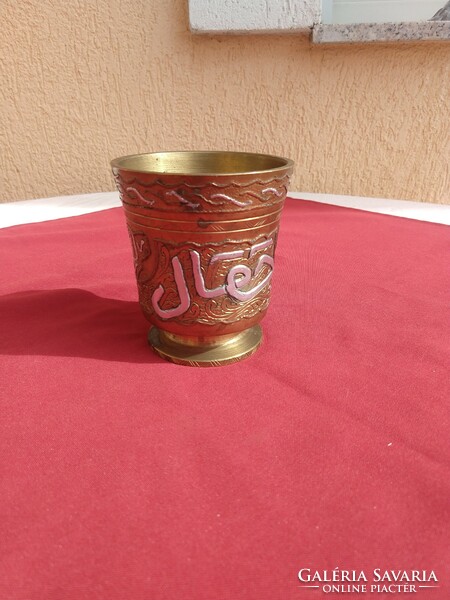 Heavy, footed bronze cup, glass, with Arabic and Persian writing and decoration, 10.5x9.5 cm, 1.2 kg..