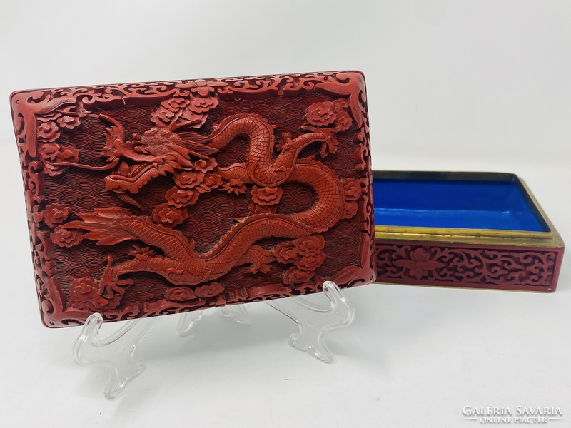 Old carved cinnabar red Chinese, inside blue enameled dragon lacquer box rz