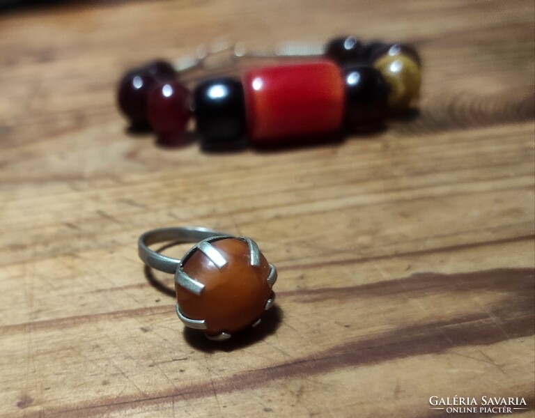 Antique real vinyl bracelet and ring in orange, yellow, cherry colors