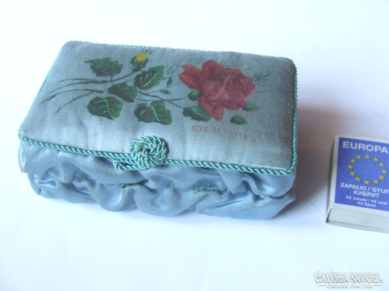 Old, antique flower-decorated silk sewing, handicraft, toiletry or jewelry box with the inscription 