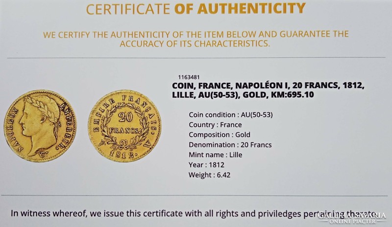 Arany 20 Frank 1812 aUNC Bonaparte Napoleon certifikációval