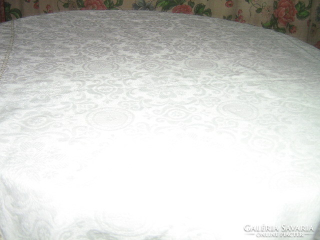 Wonderful antique damask tablecloth with handmade crocheted antique baroque pattern