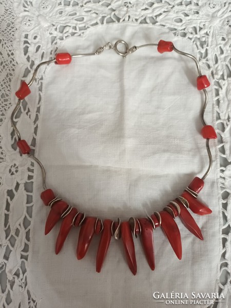 Old handmade painted coral necklace with silver plated fittings for sale!