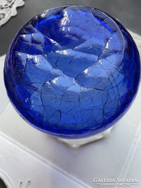Blue and white, beautiful blue artistic glass vase with ruffled edges and cracked bottom