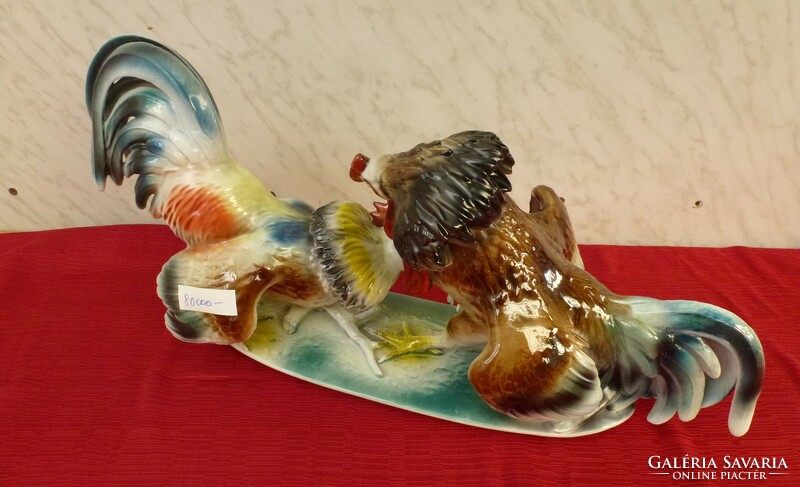 Cockfighting porcelain statue large 56 cm.