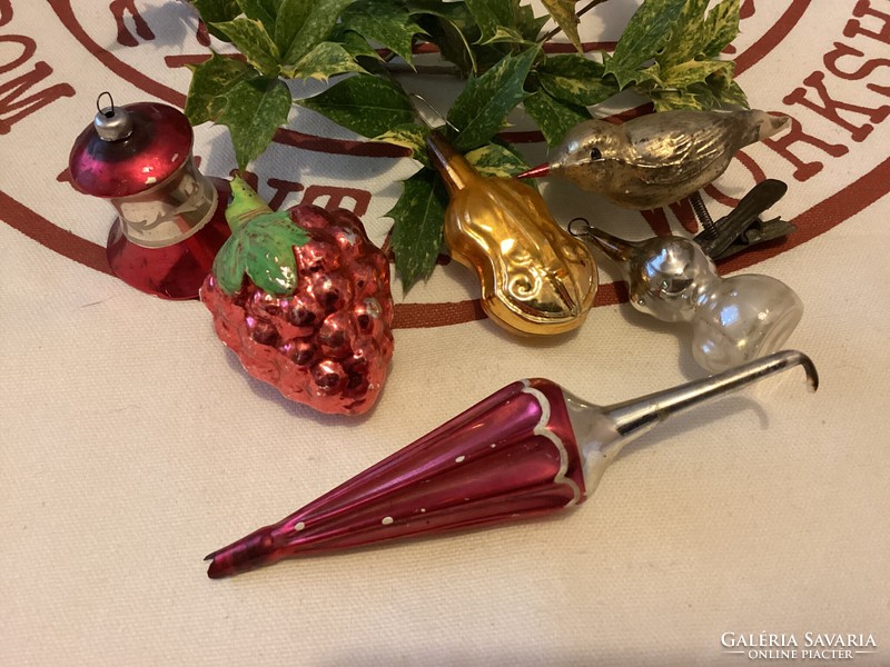 Old glass damaged violin bird umbrella etc. Christmas tree decorations