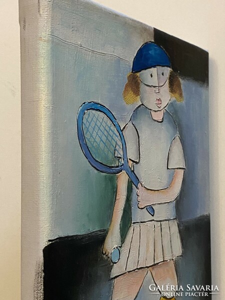 Tennis girl marked modern painting 22 x 28 cm