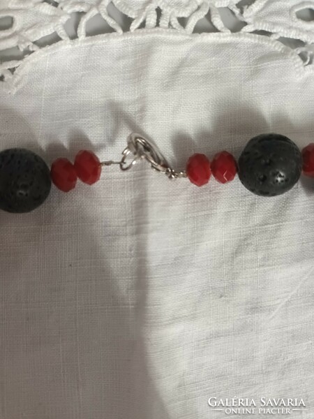 Old beautiful lava stone necklace with red glass inserts for sale!