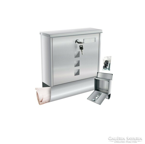 A lockable mailbox with a newspaper holder and a name plate can be mounted on a wall or fence