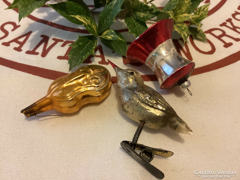 Old glass damaged violin bird umbrella etc. Christmas tree decorations