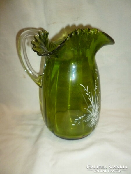 Antique green blown fluted glass broken jug with a boy figure