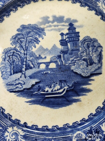 Antik Wegdwood hatszögletű, jelenetes desszertes tányér, antique transferware plate