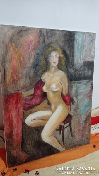 Beautiful nude painting, 76 cm, seated female figure in front of a window, 86 cm painting