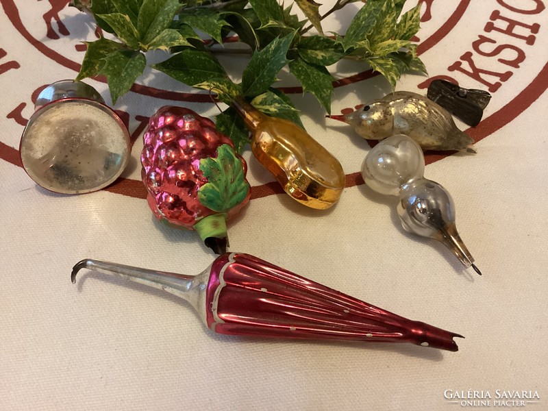 Old glass damaged violin bird umbrella etc. Christmas tree decorations