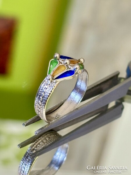 Unique silver ring with fire enamel decoration