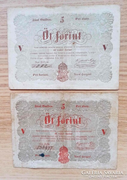 5 Forint 1848. Az egyik barna, a másik piros betűs.