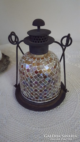 Dekoratív üvegmozaikos fém lámpás,gyertytartó