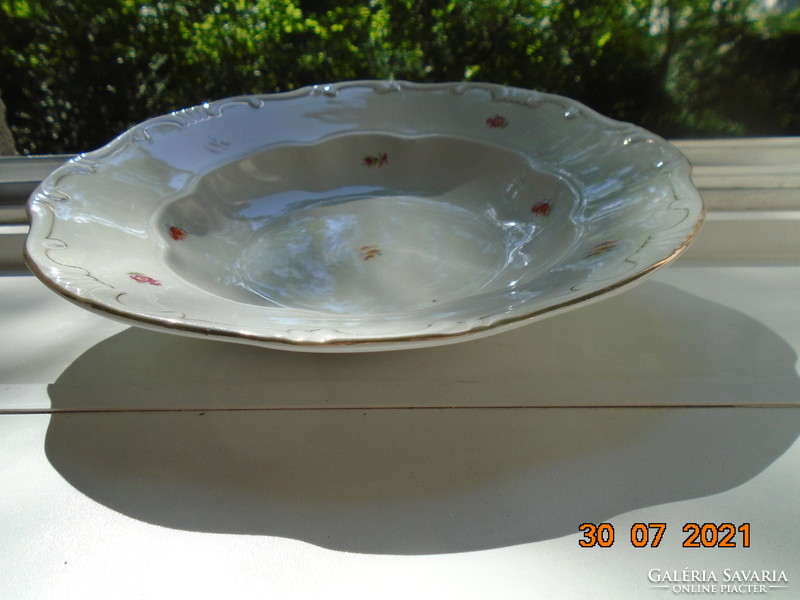 Zsolnay shield-stamped, gold-feathered deep plate with scattered flower pattern