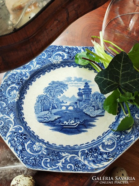 Antik Wegdwood hatszögletű, jelenetes desszertes tányér, antique transferware plate